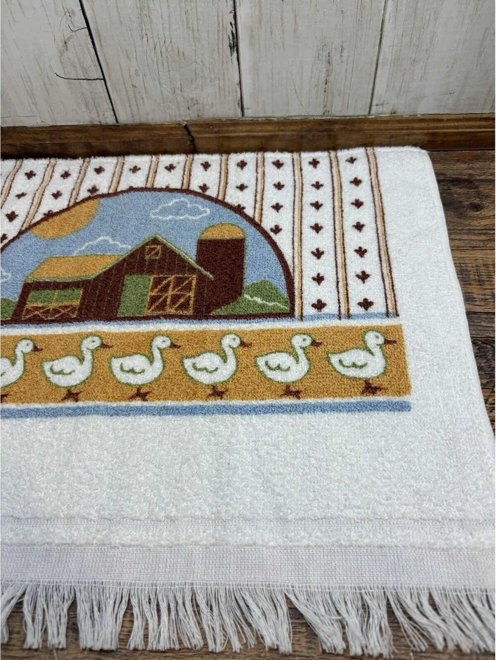 Vintage 1980s HALF Kitchen Hand Cut Towel Farm Duck Goose Scene Barn Cottage